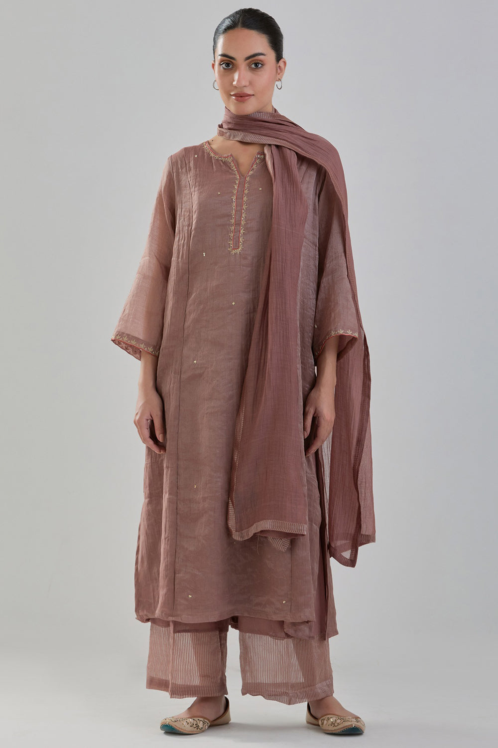 Chanderi Tissue Kurta Set In Brown