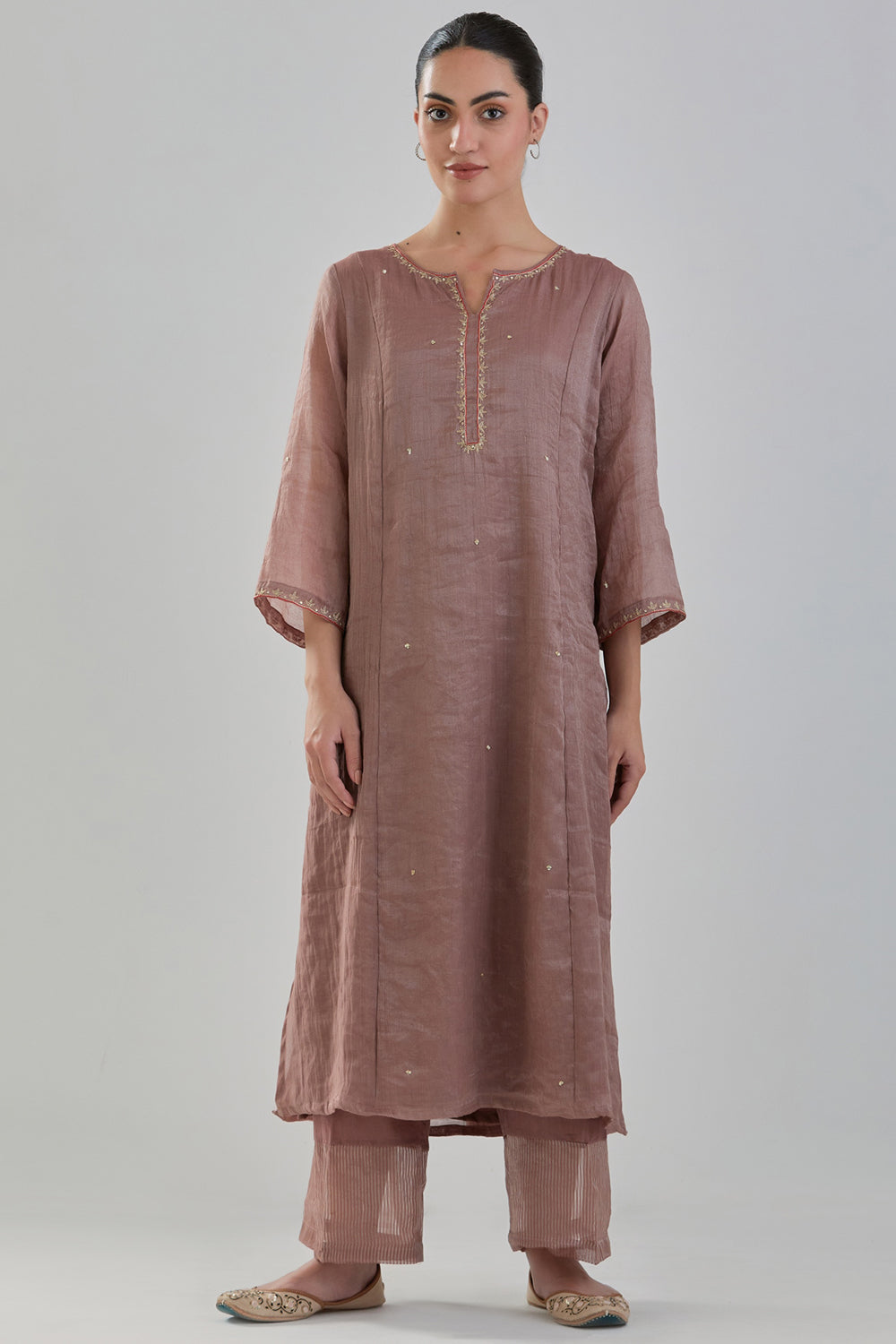 Chanderi Tissue Kurta Set In Brown