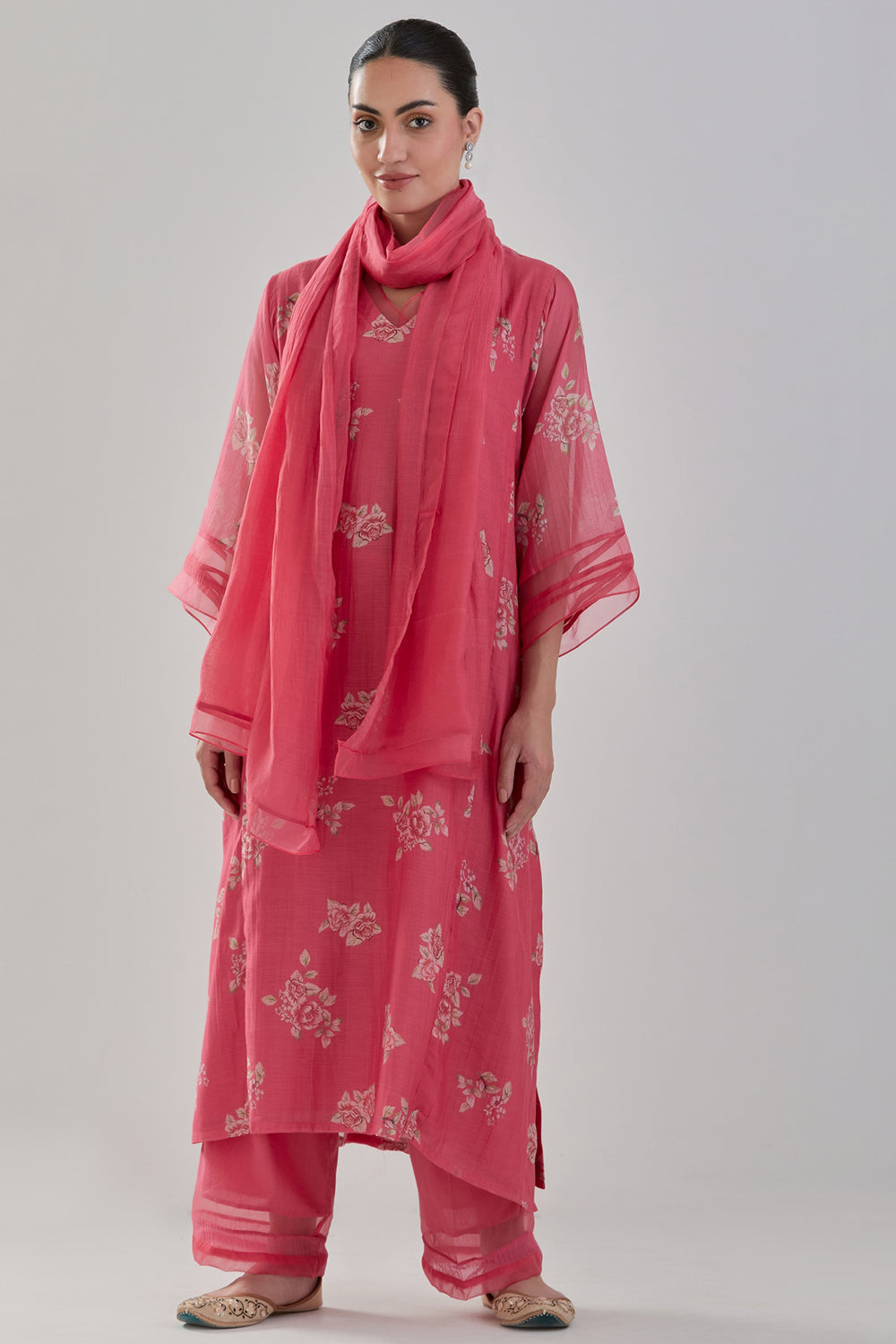 Handwoven Chanderi Kurta Set In Coral