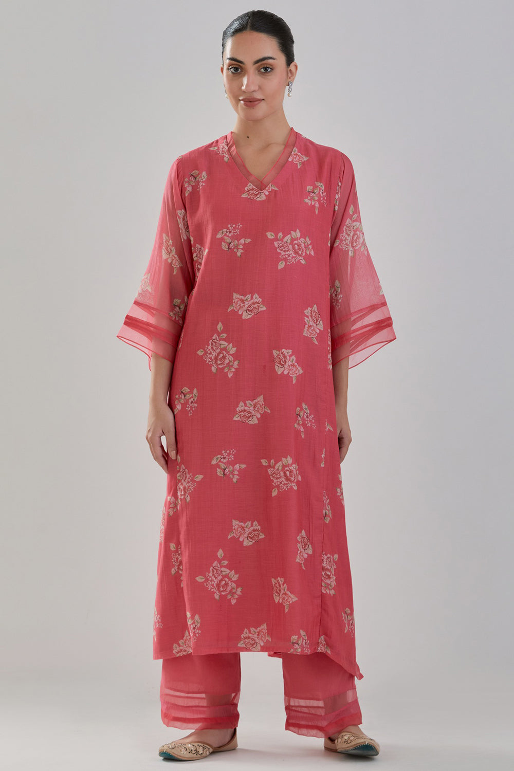 Handwoven Chanderi Kurta Set In Coral