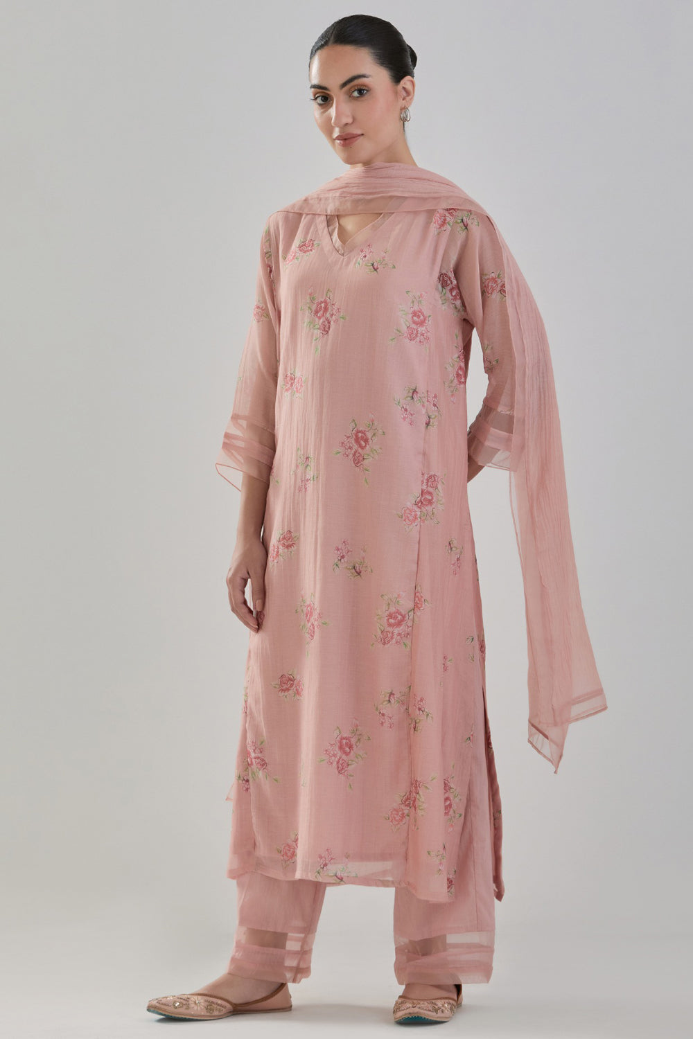 Handwoven Chanderi Kurta Set In Old Rose