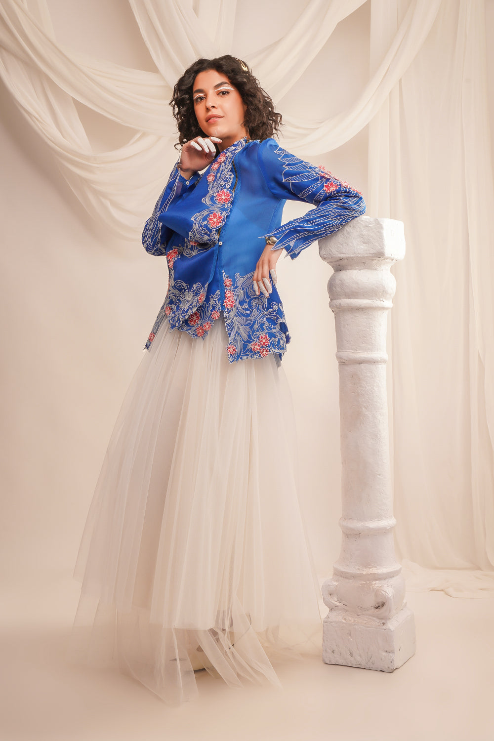 Emb Cowl Neck Organza Jacket With Wing Detailing On The Sleeves - Auraya Fashion -  - #tag1# - #tag2# - #tag3# - #tag3#