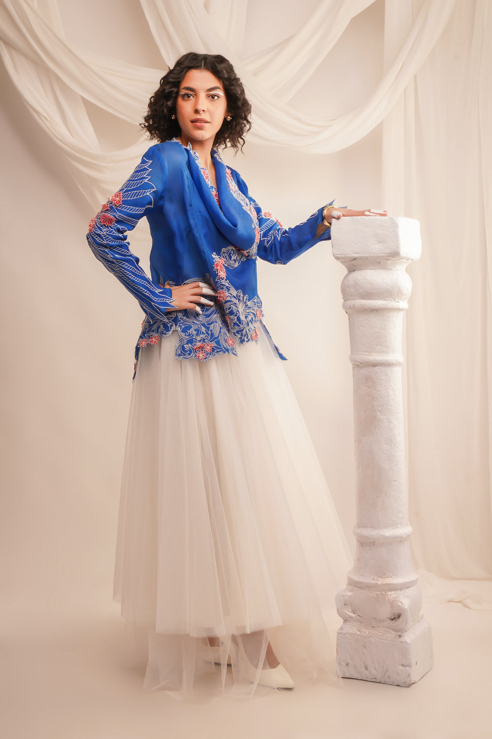 Emb Cowl Neck Organza Jacket With Wing Detailing On The Sleeves - Auraya Fashion -  - #tag1# - #tag2# - #tag3# - #tag3#