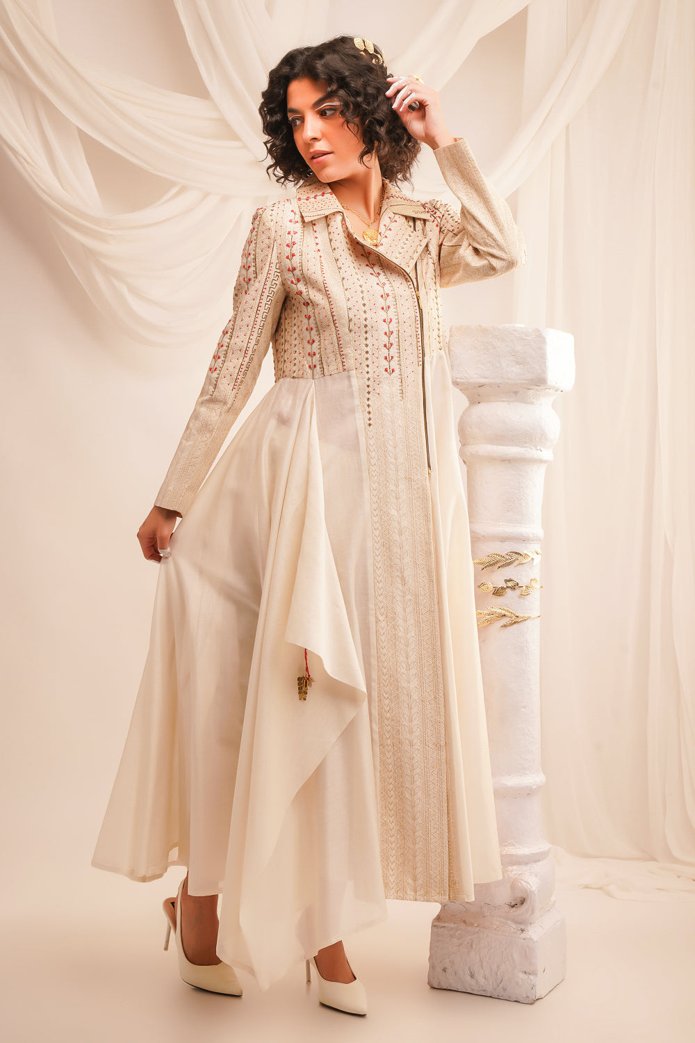 Textured Embroidered Biker Anarkali With Pants - Auraya Fashion 