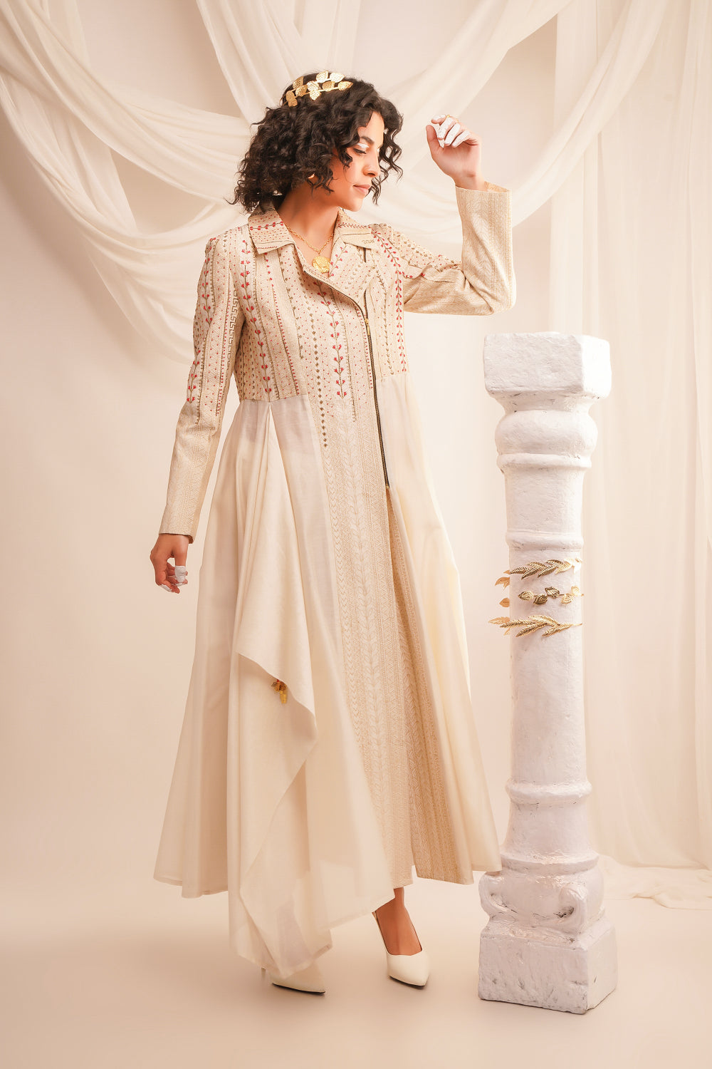 Textured Embroidered Biker Anarkali With Pants - Auraya Fashion 