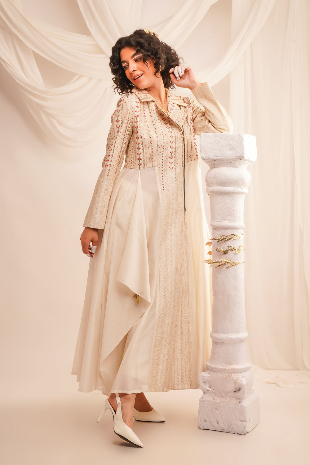 Textured Embroidered Biker Anarkali With Pants - Auraya Fashion - Jajaabor - 