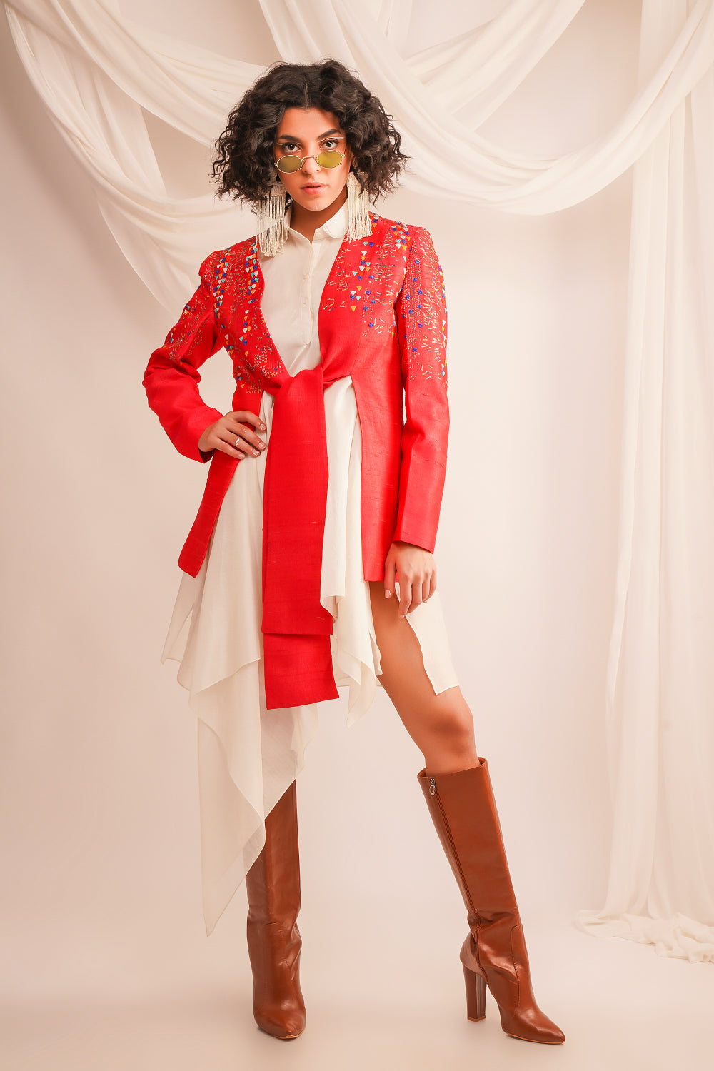 Textured Emroidered Knotted Dupian Jacket With Assymtrical Chanderi Shirt - Auraya Fashion - Jajaabor - #tag1# - #tag2# - #tag3# - #tag3#