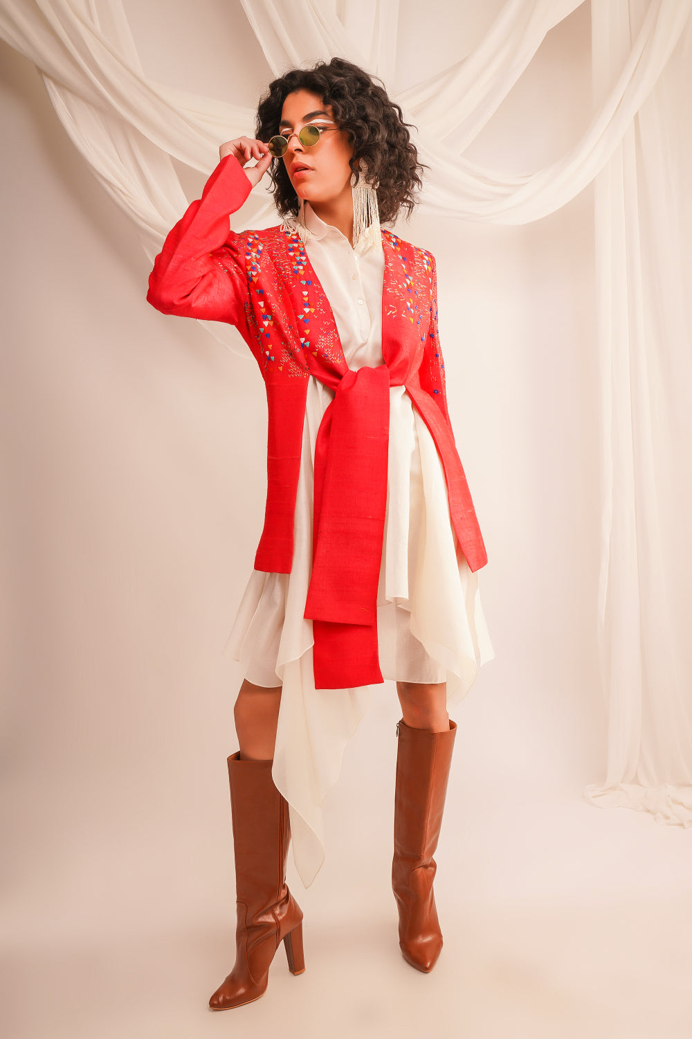 Textured Emroidered Knotted Dupian Jacket With Assymtrical Chanderi Shirt - Auraya Fashion -  - #tag1# - #tag2# - #tag3# - #tag3#