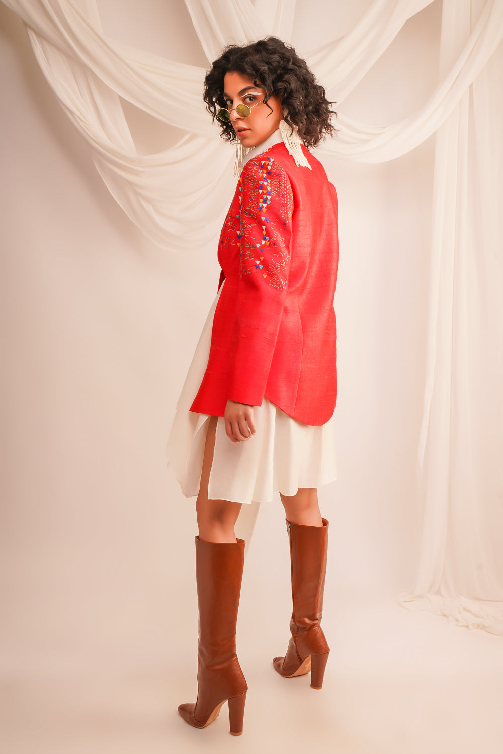 Textured Emroidered Knotted Dupian Jacket With Assymtrical Chanderi Shirt - Auraya Fashion -  - #tag1# - #tag2# - #tag3# - #tag3#