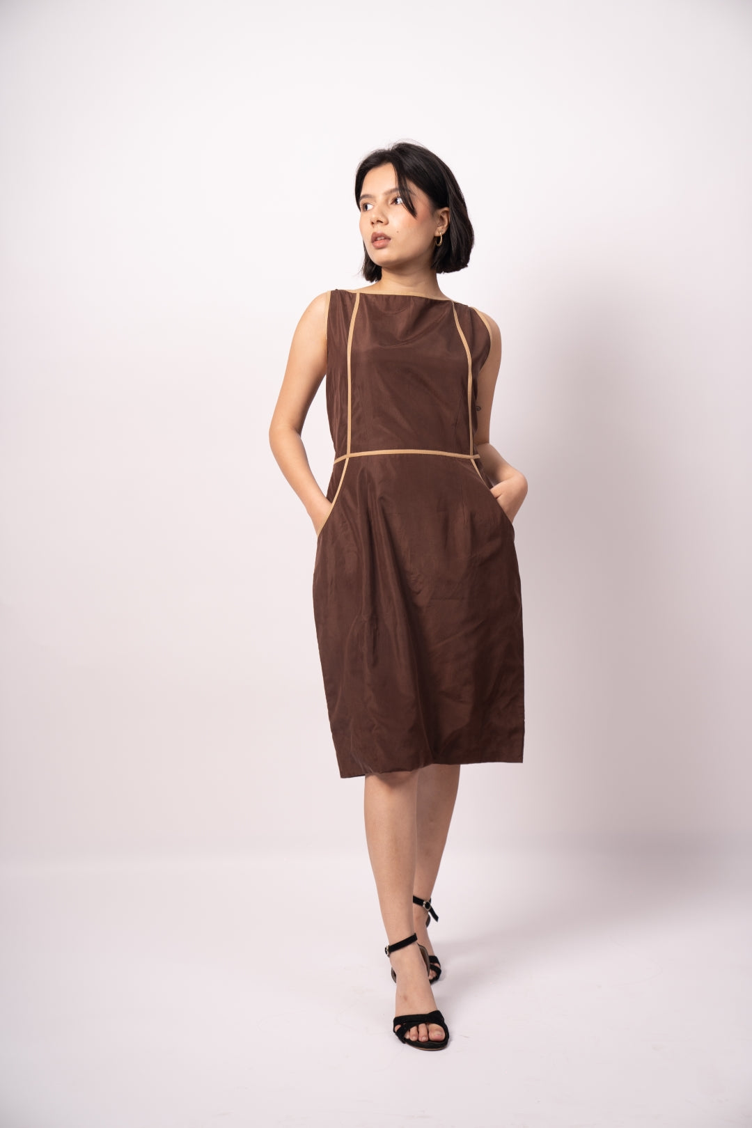 Elegant Brown Sand Silk Dress - Versatile Luxury Occasion Wear