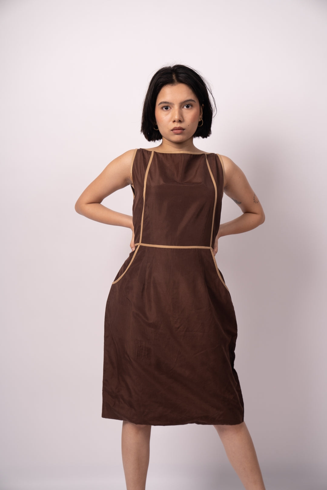 Elegant Brown Sand Silk Dress - Versatile Luxury Occasion Wear