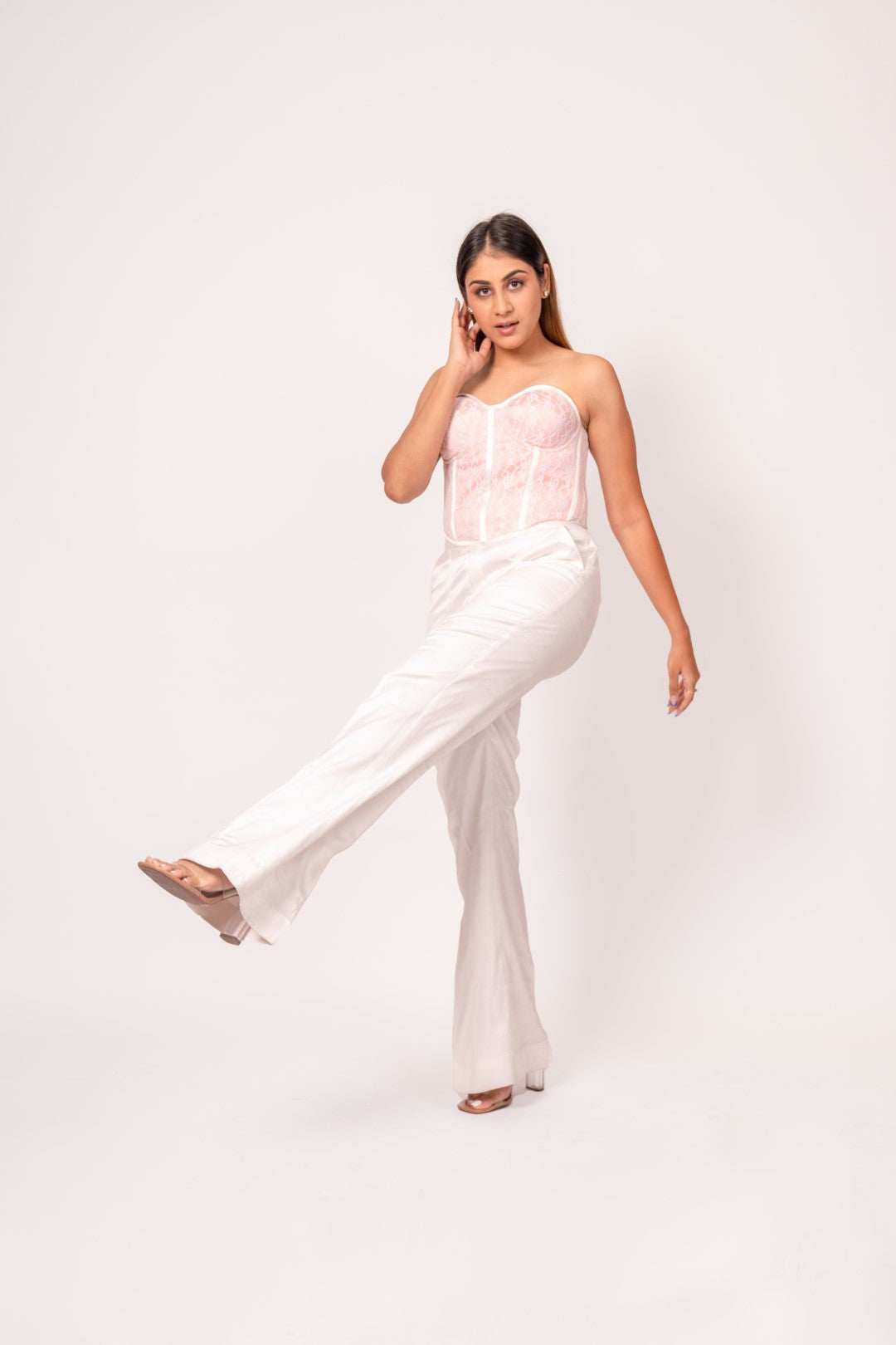 The Mistress White Corset and Satin Pants Power Suit Set