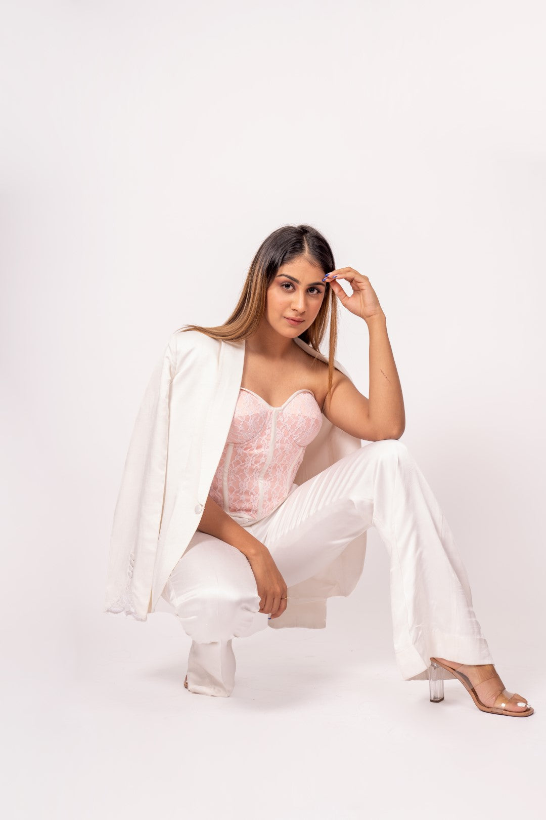 The Mistress White Corset and Satin Pants Power Suit Set