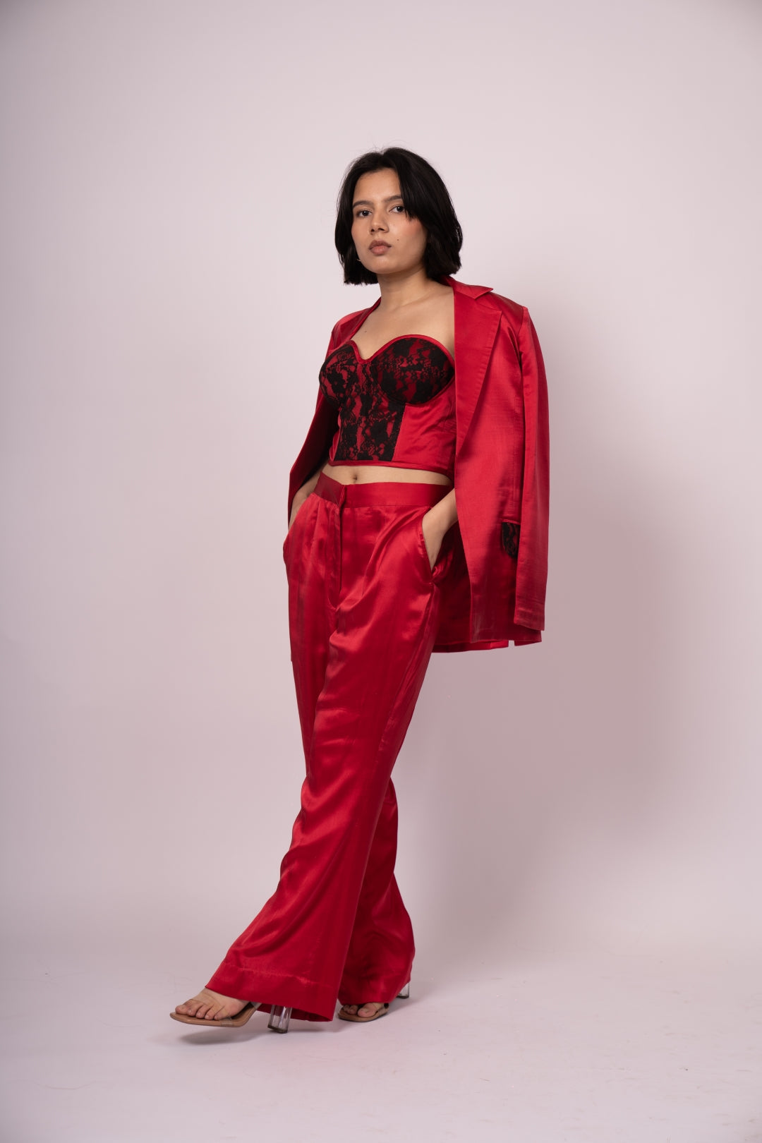 Velvet Frosting Luxury Satin Suit Set with Structured Corset & Jacket