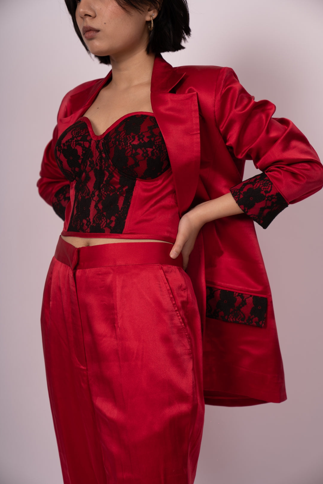 Velvet Frosting Luxury Satin Suit Set with Structured Corset & Jacket