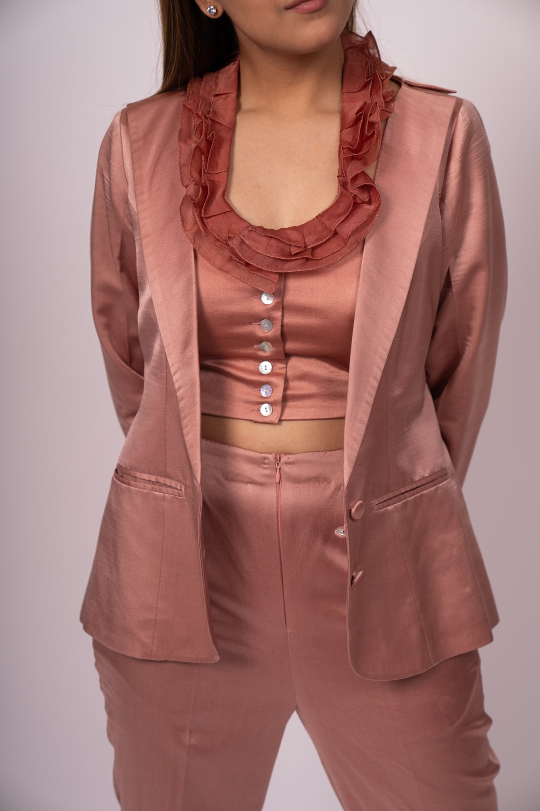 Mind Champagne Satin and Organza Co-ord Set with Designer Corset