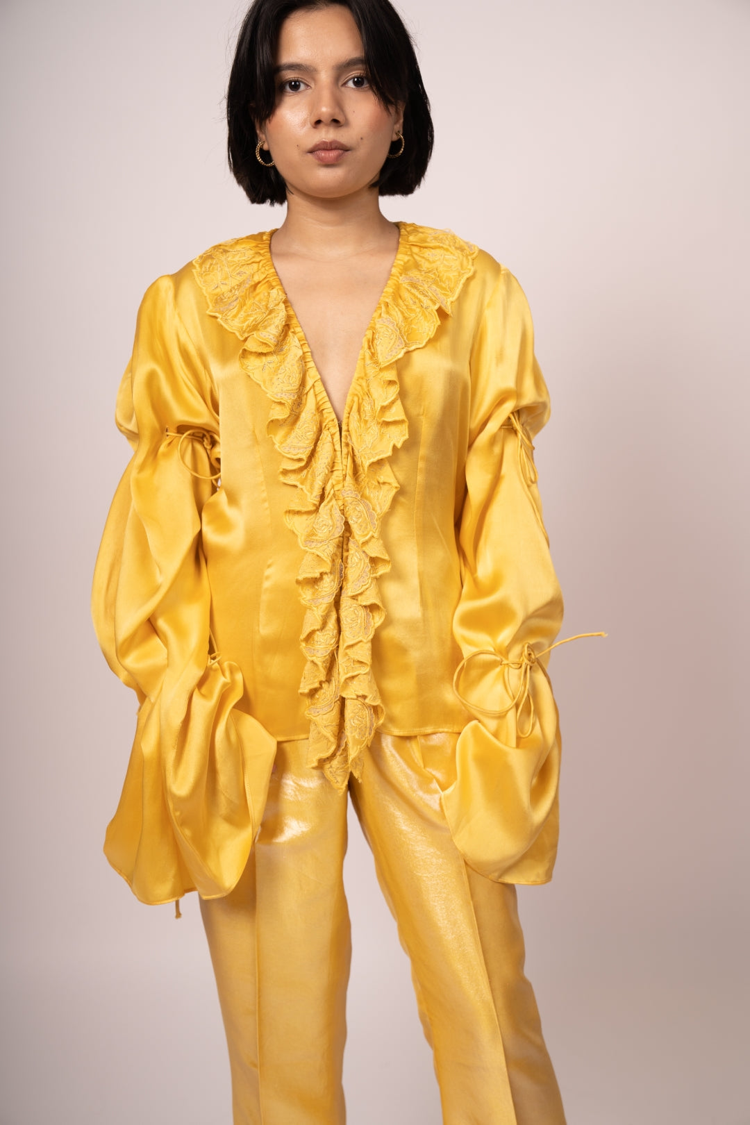 Yellow Satin & Organza Ruffled Top with Flowy Pants - Royal Summer