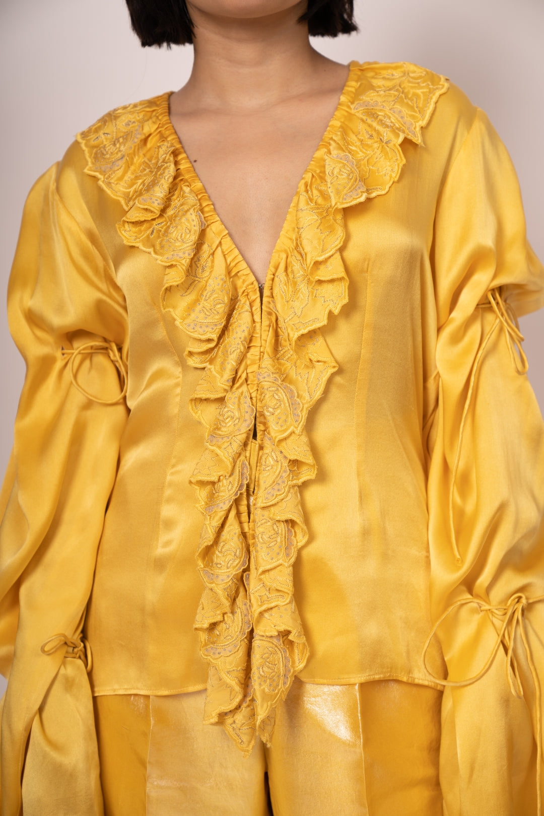 Yellow Satin & Organza Ruffled Top with Flowy Pants - Royal Summer