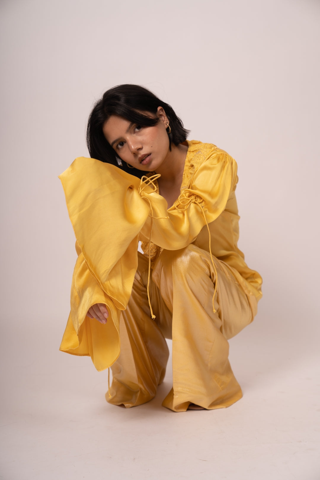 Yellow Satin & Organza Ruffled Top with Flowy Pants - Royal Summer