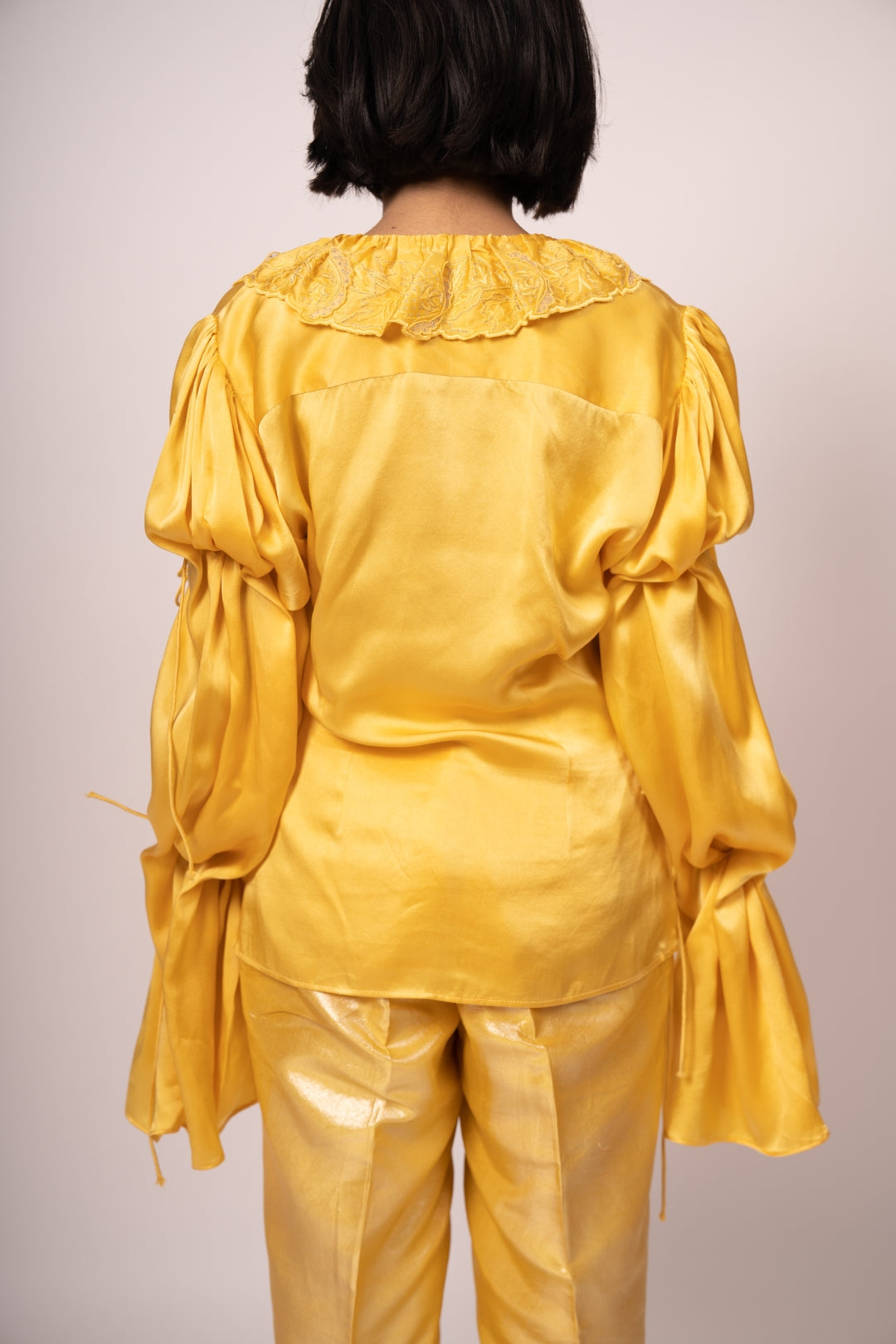Yellow Satin & Organza Ruffled Top with Flowy Pants - Royal Summer