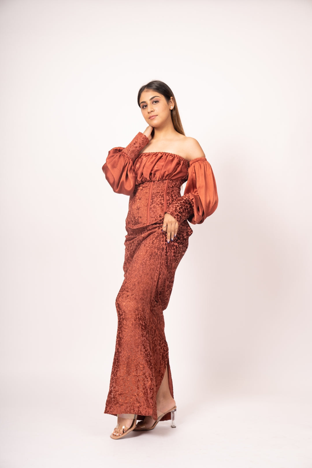 Reveuse Royale Designer Satin and Velvet Cinched Waist Dress