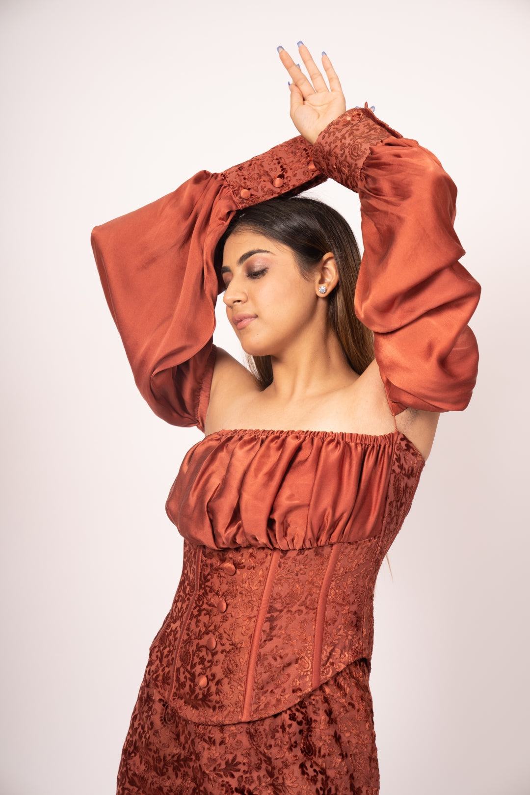 Reveuse Royale Designer Satin and Velvet Cinched Waist Dress