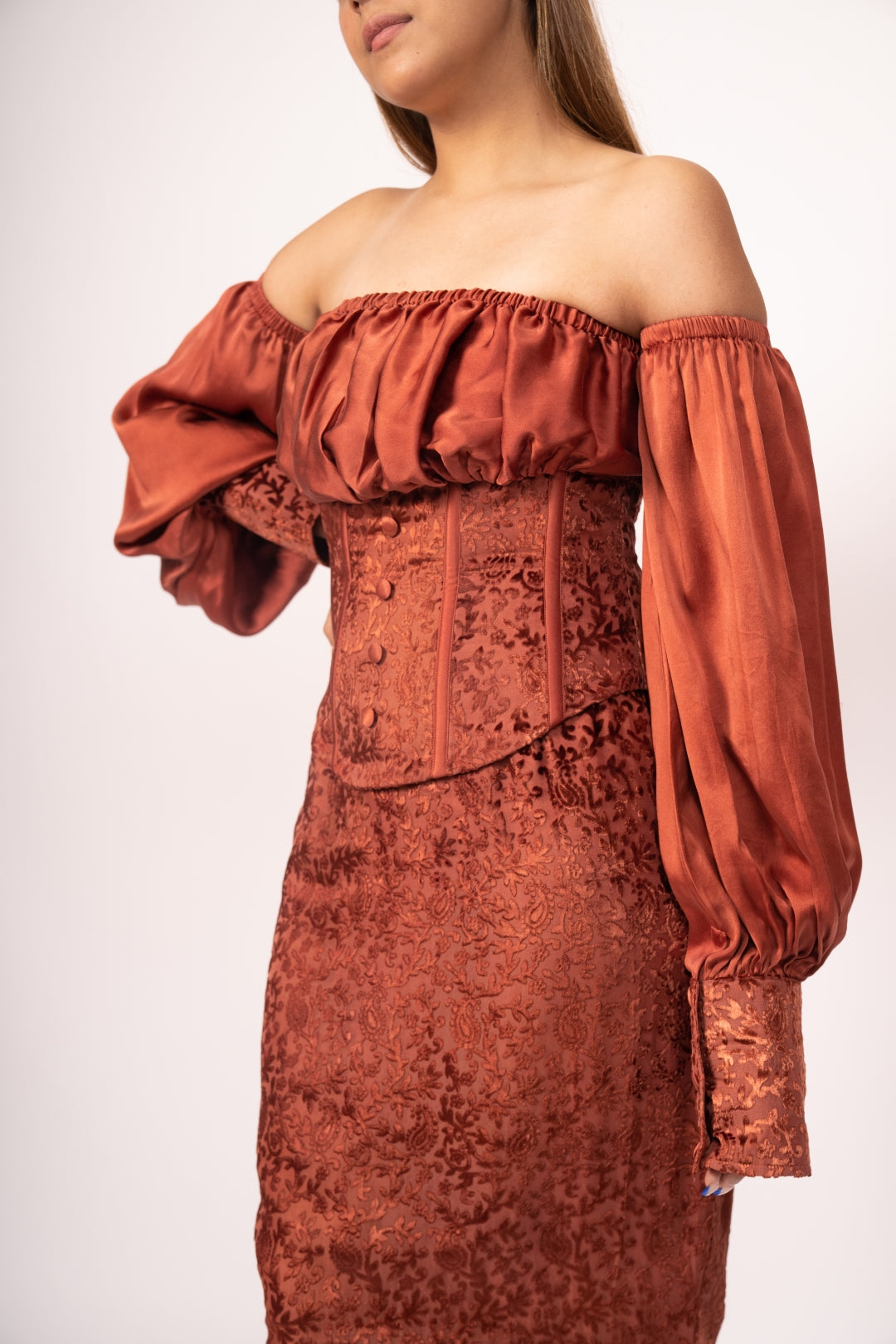 Reveuse Royale Designer Satin and Velvet Cinched Waist Dress