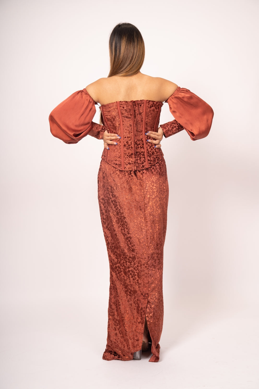 Reveuse Royale Designer Satin and Velvet Cinched Waist Dress