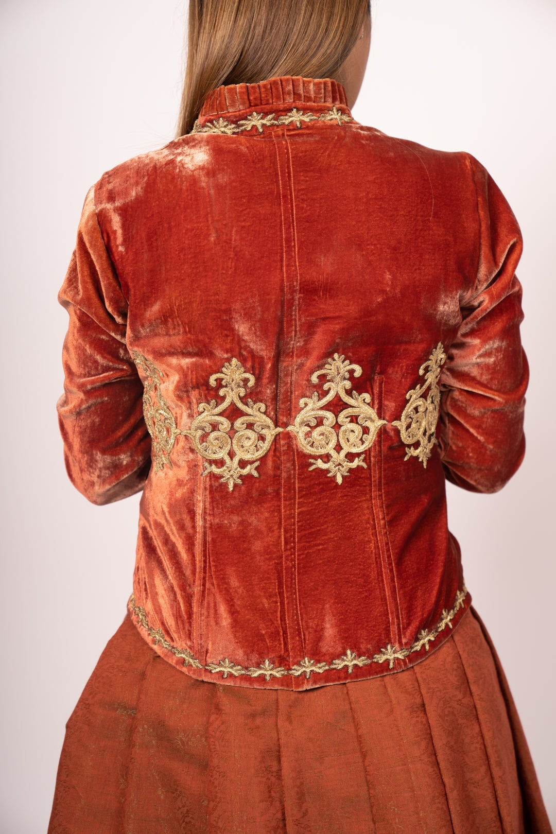 Velvet Victorian Bustle Dress with Layered Satin Skirt - The Lady