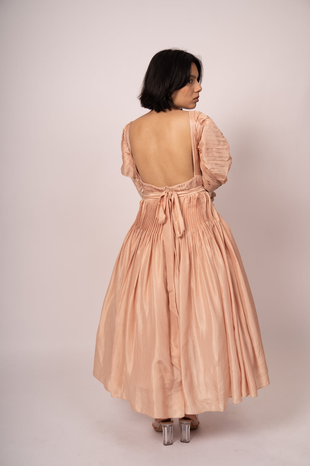 Requeen Pure Silk Layered Hourglass Dress with Structured Neckline