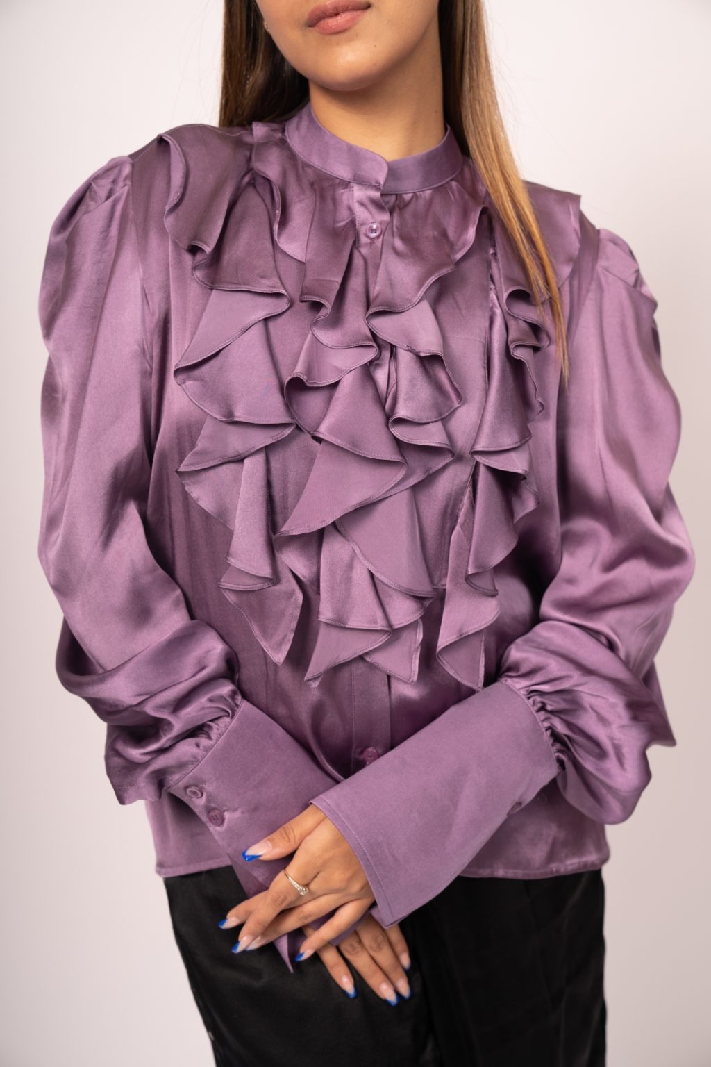 Purple Blossom Satin Ruffled Top and High-Waist Pants Set