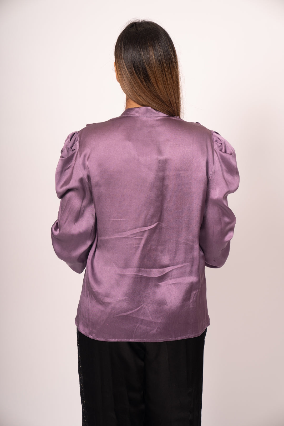 Purple Blossom Satin Ruffled Top and High-Waist Pants Set