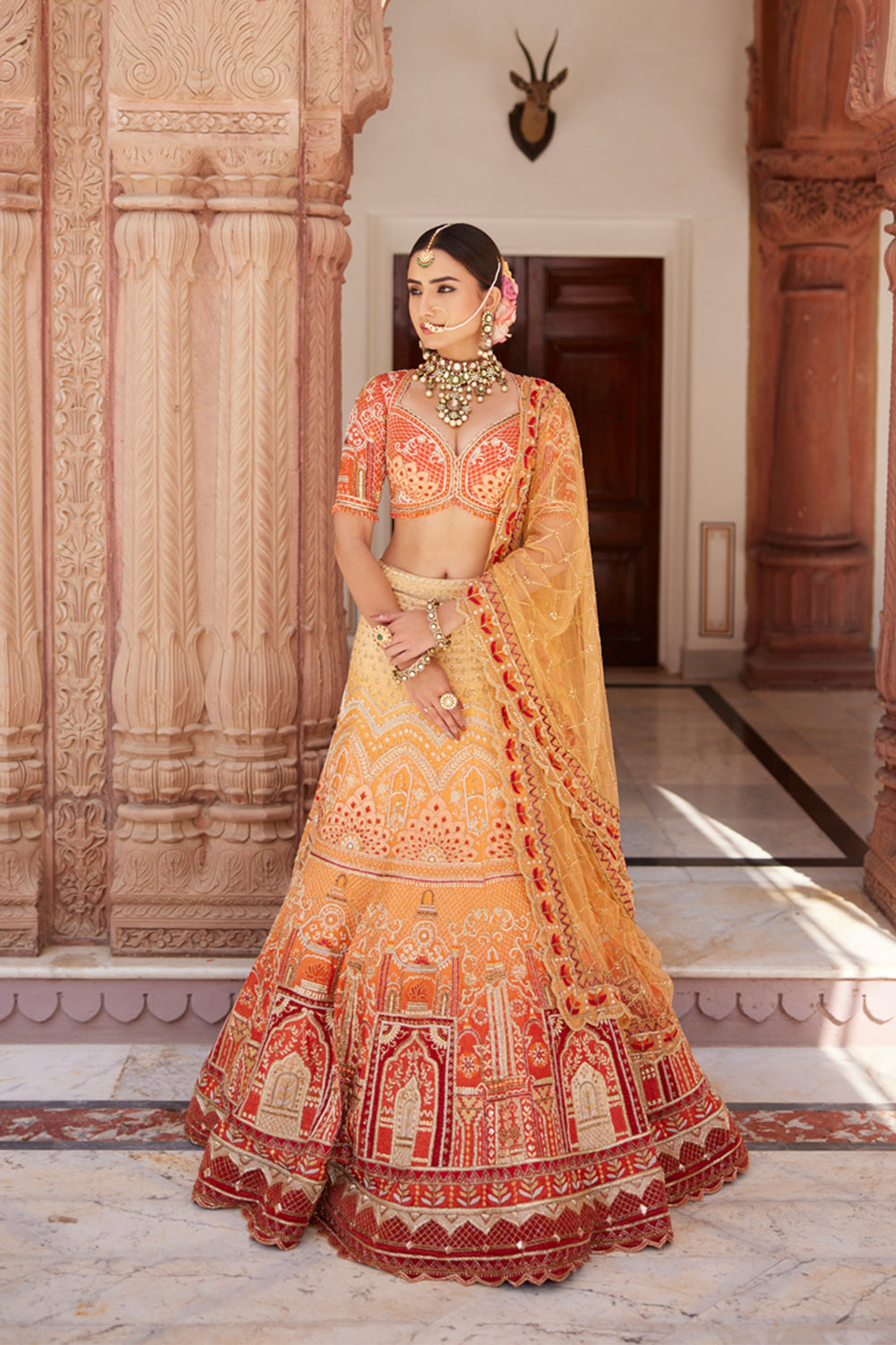 "Kesari" Shades Of Orange Ombre Bridal Lehenga Set