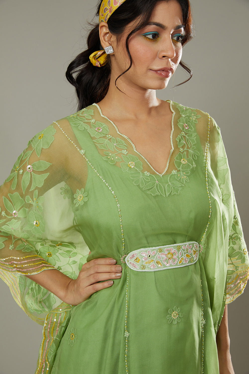 Green Apple Candy Applique And Hand Ebroidered Kaftaan Set - Auraya Fashion -  - #tag1# - #tag2# - #tag3# - #tag3#