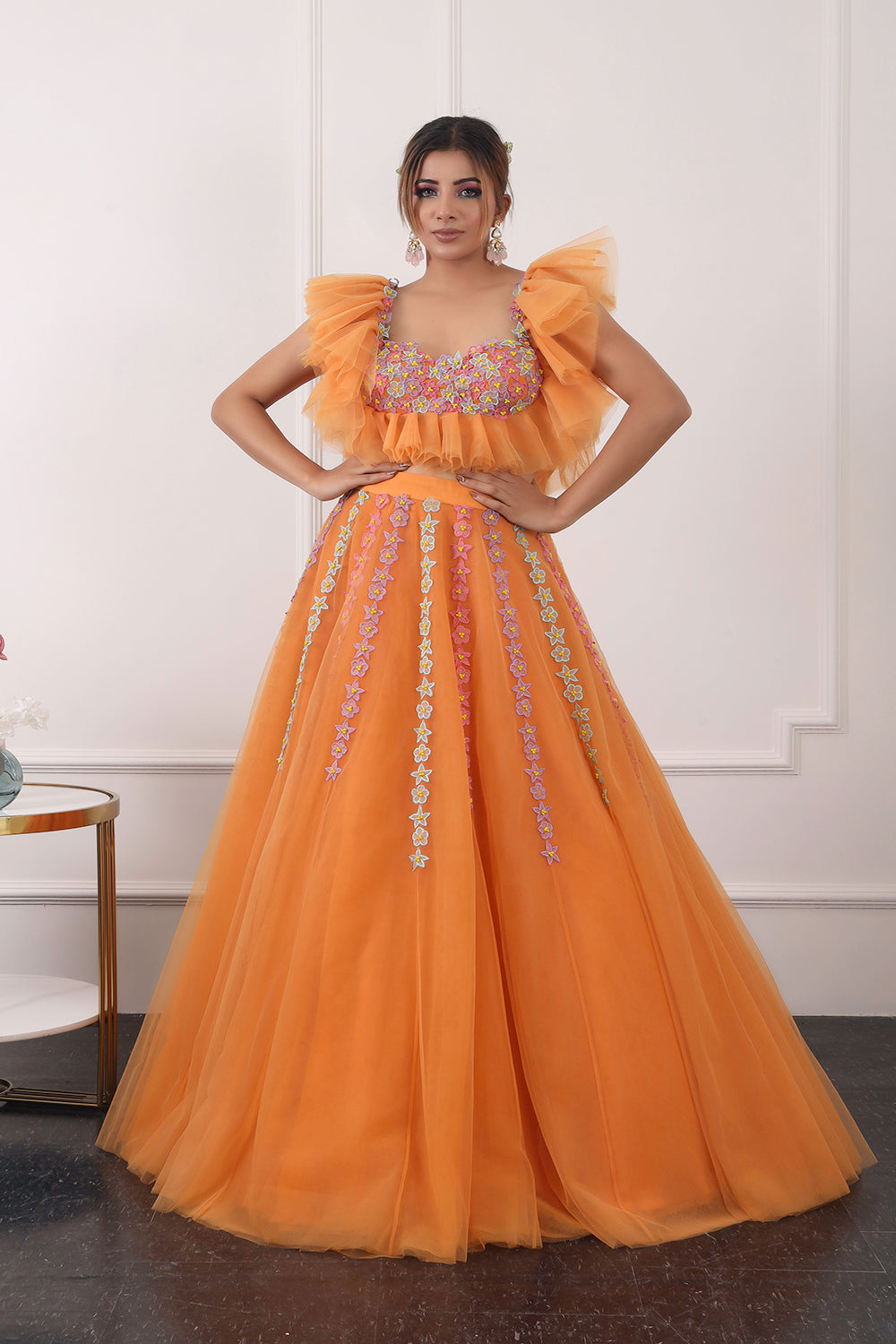 Sunset Orange Ruffle Lehnga Set