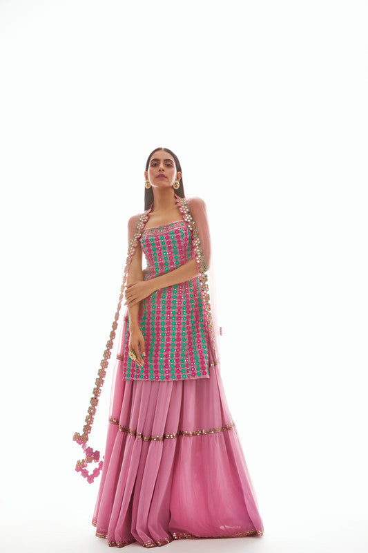 Image of Onion pink Applique Kurta Sharara Set