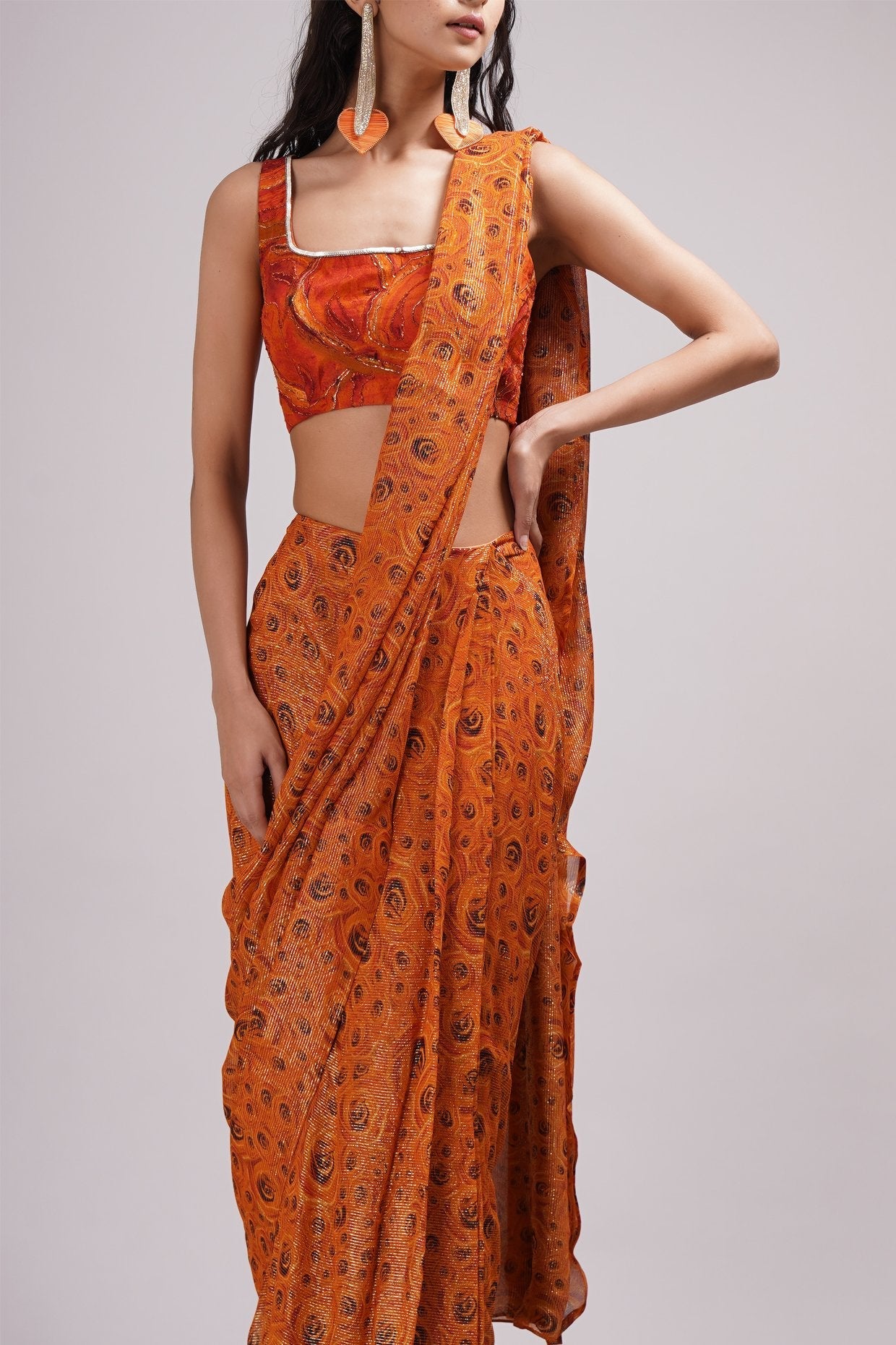 Square Neck Strapy Blouse Pre Draped Saree