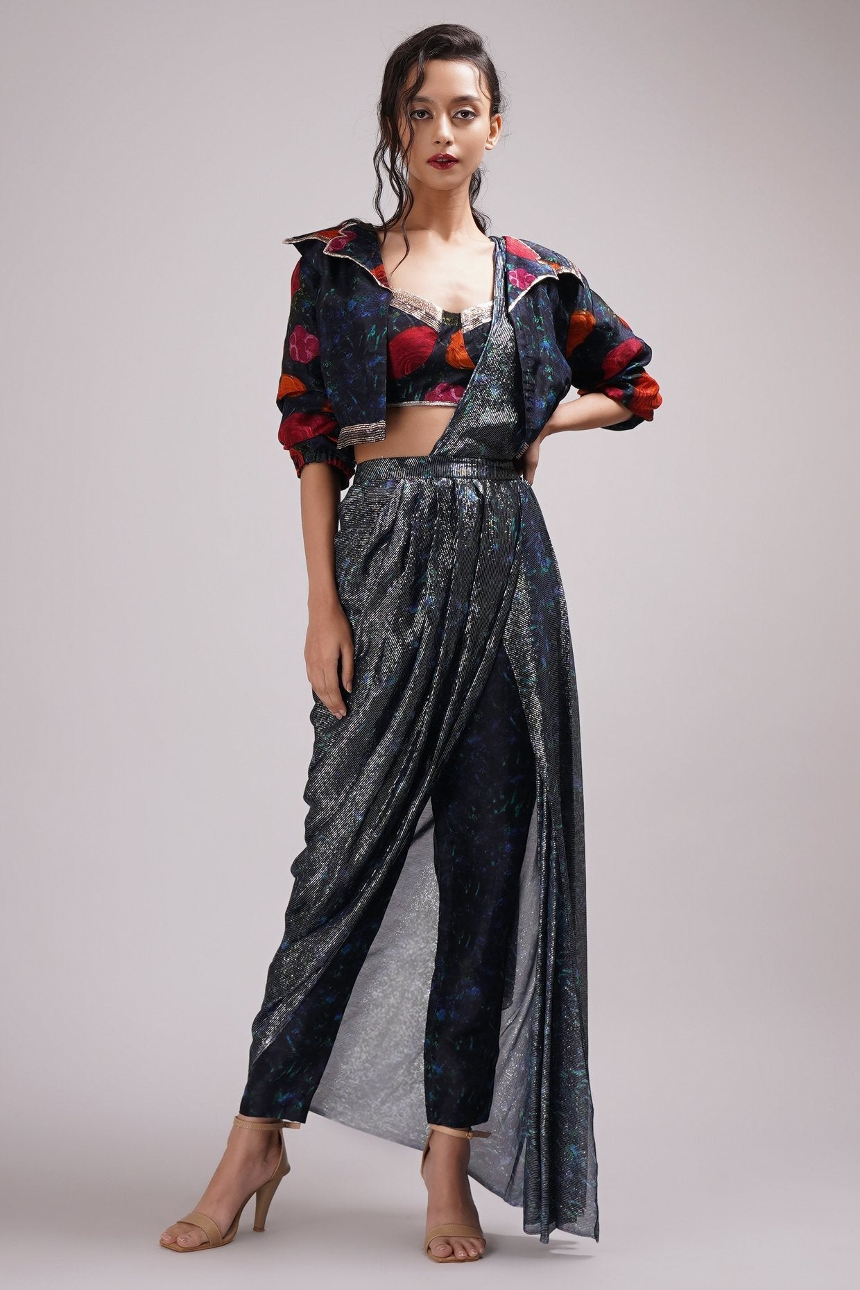 Fusion Style Bomber Jacket Drape Pant Saree Set