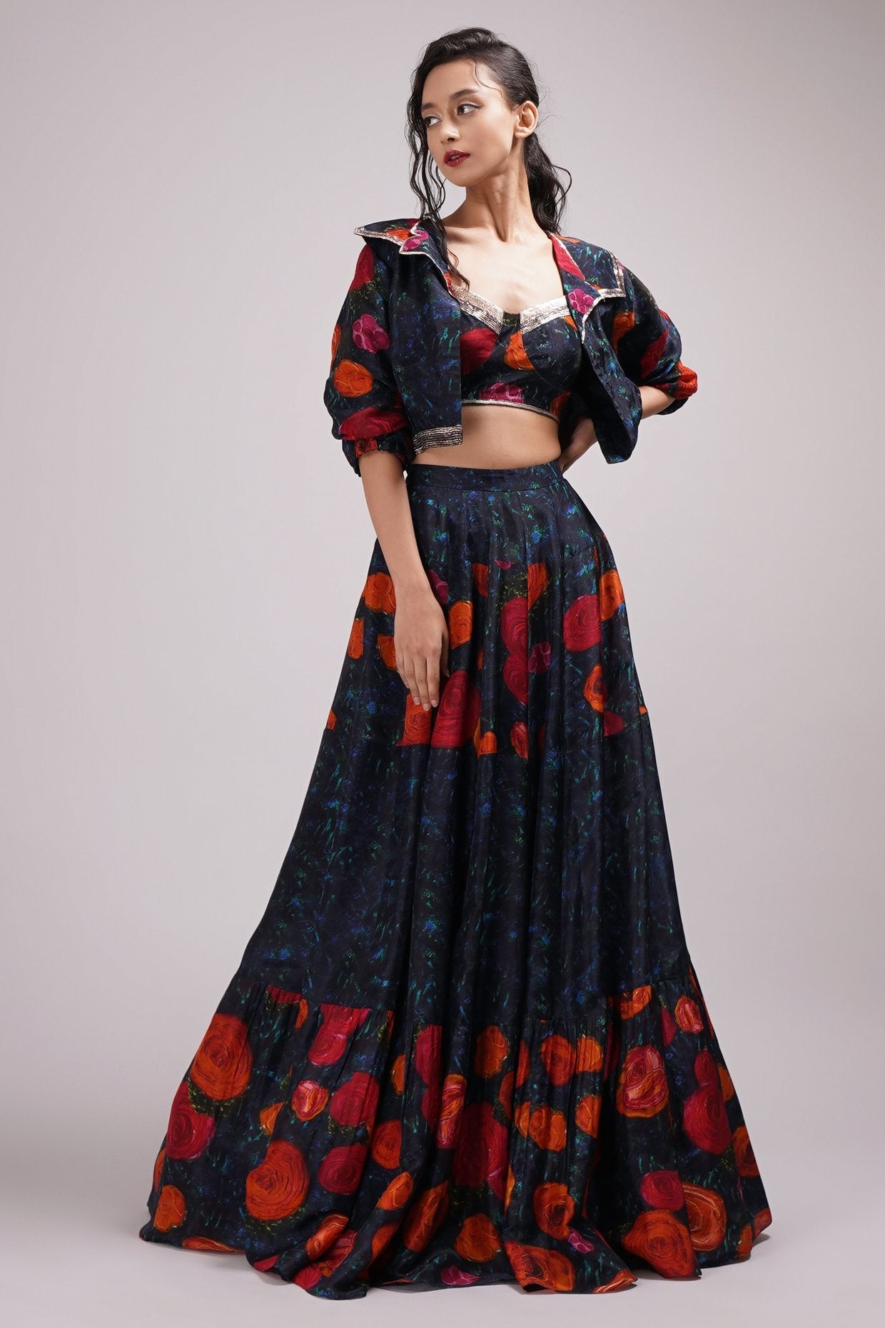 Fusion Style Bomber Jacket Sweetheart Neck Bustier Blouse Skirt/Lehenga Set.