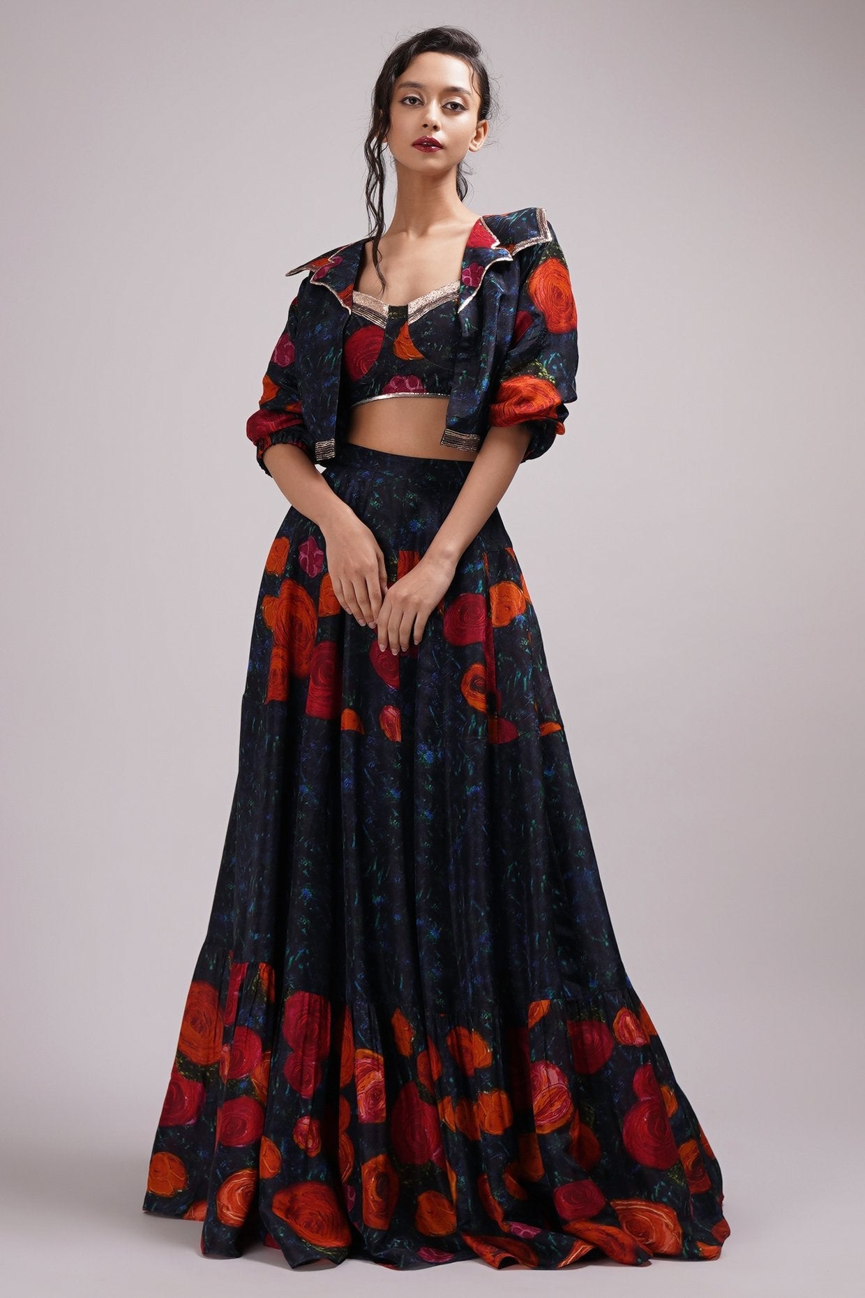 Fusion Style Bomber Jacket Sweetheart Neck Bustier Blouse Skirt/Lehenga Set.