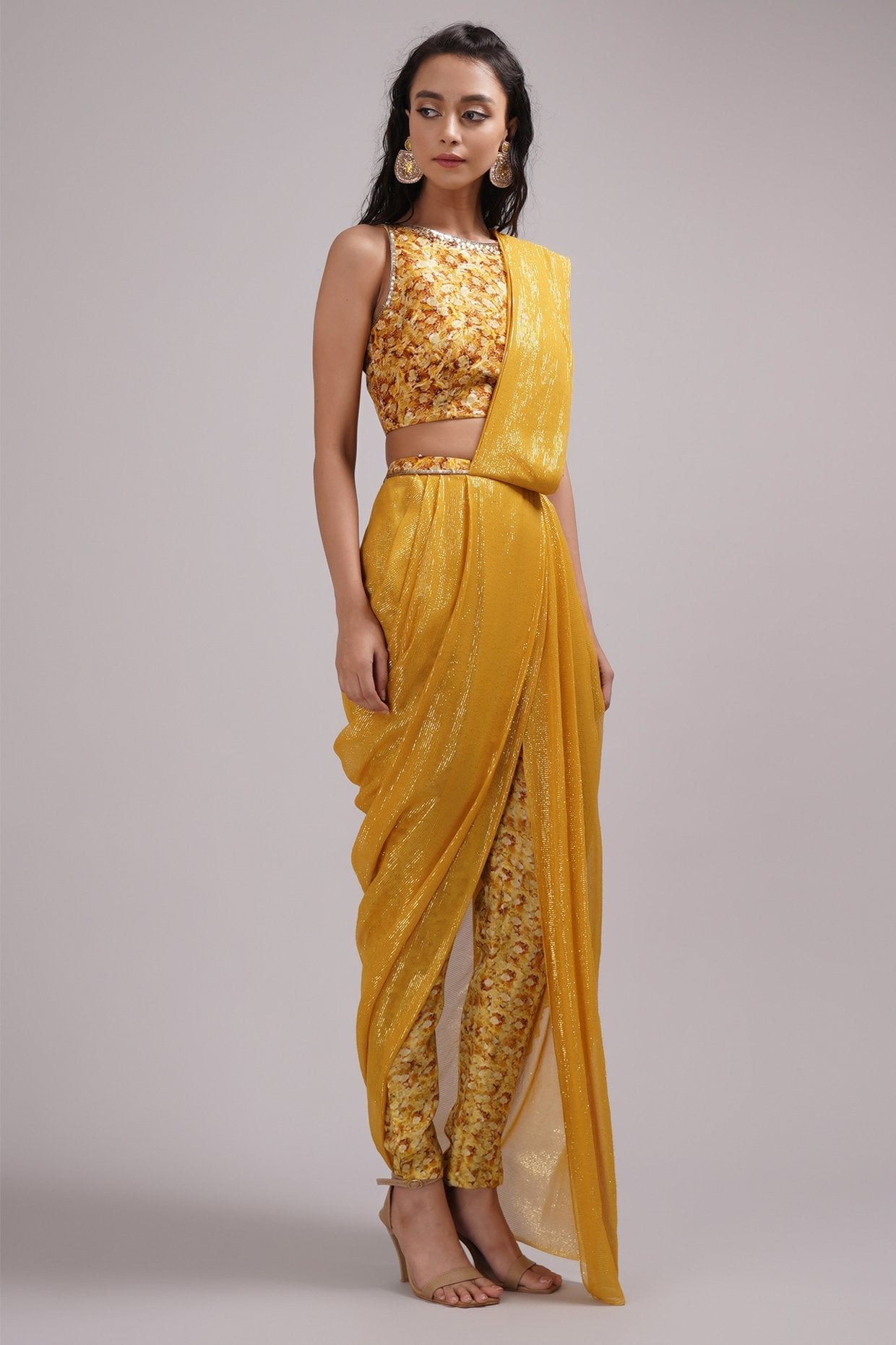 Fusion Style Boat Neck Blouse Pant Cowl Saree Set