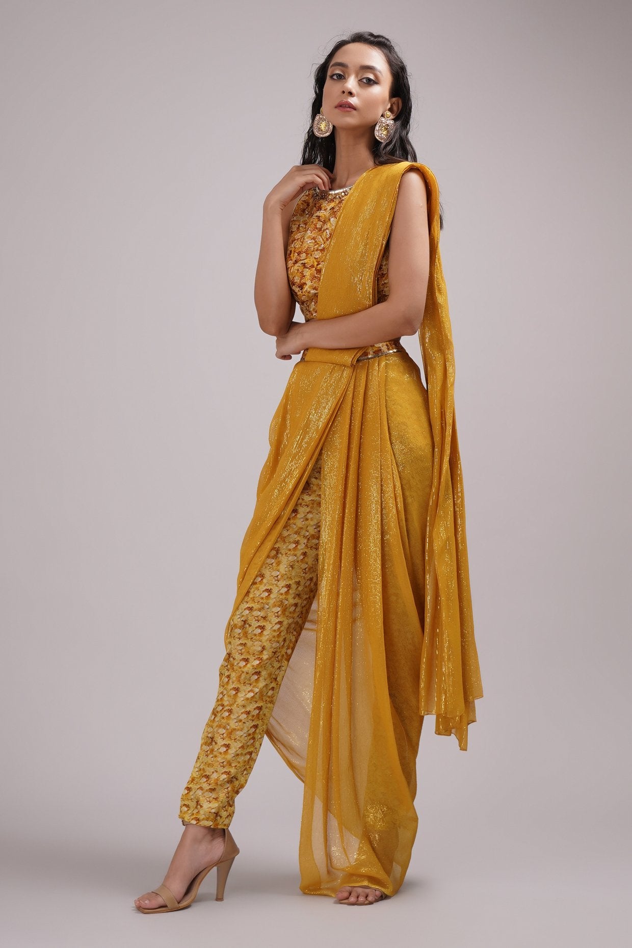 Fusion Style Boat Neck Blouse Pant Cowl Saree Set
