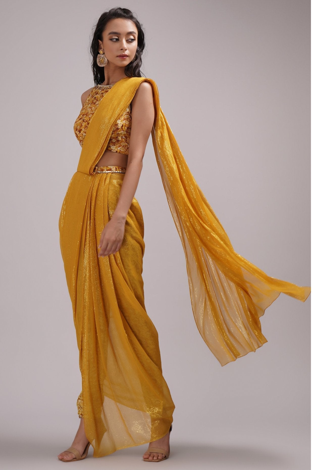 Fusion Style Boat Neck Blouse Pant Cowl Saree Set