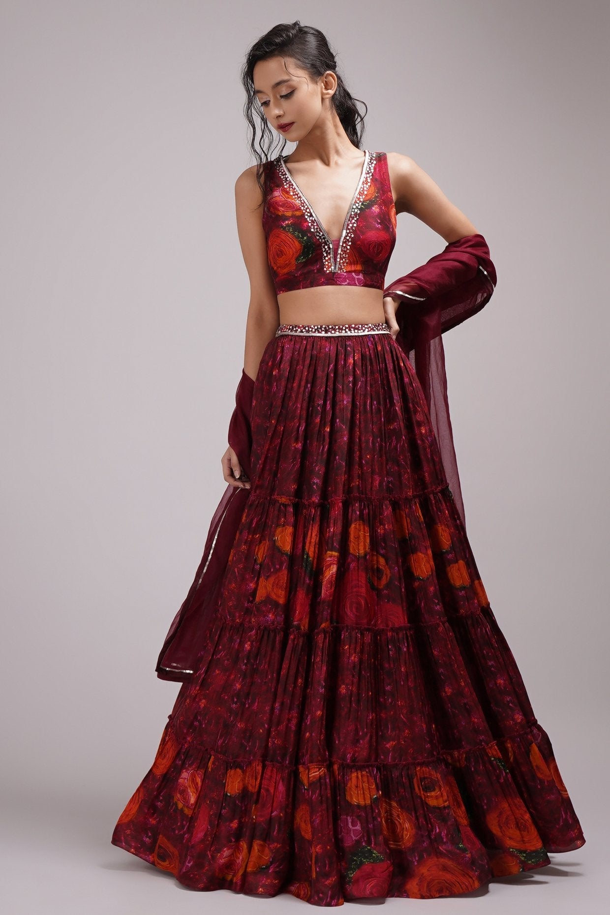 Deep V Neck Blouse Lehenga Set