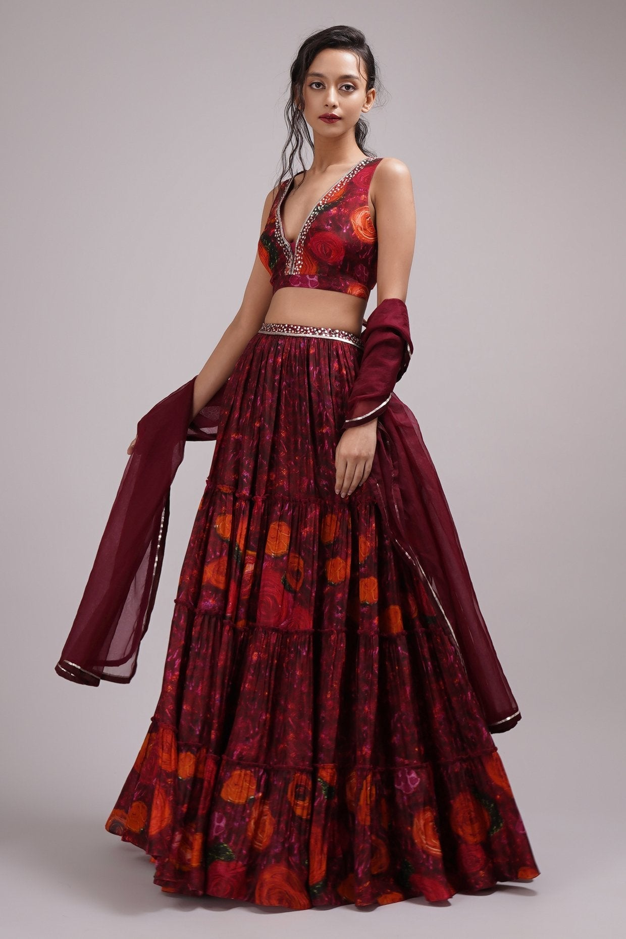 Deep V Neck Blouse Lehenga Set