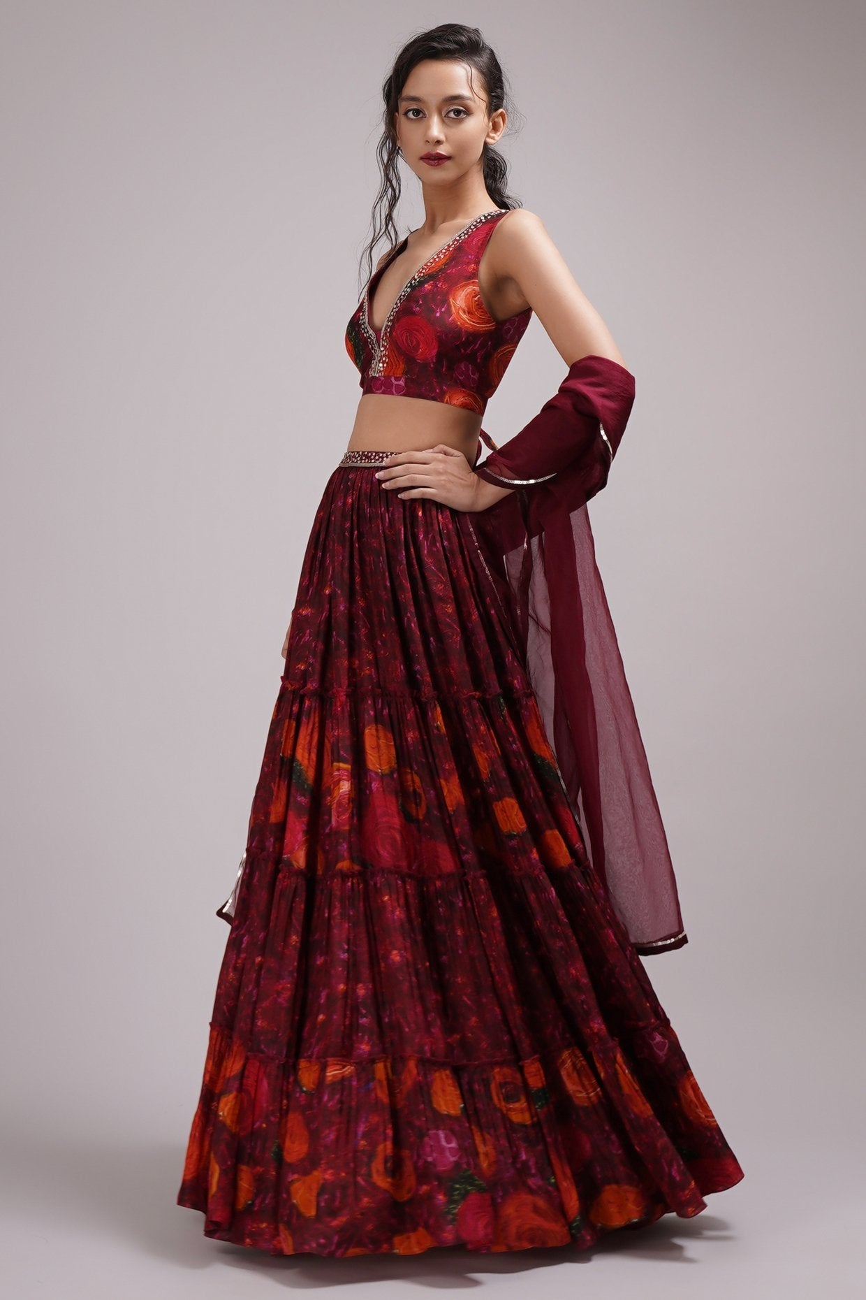 Deep V Neck Blouse Lehenga Set