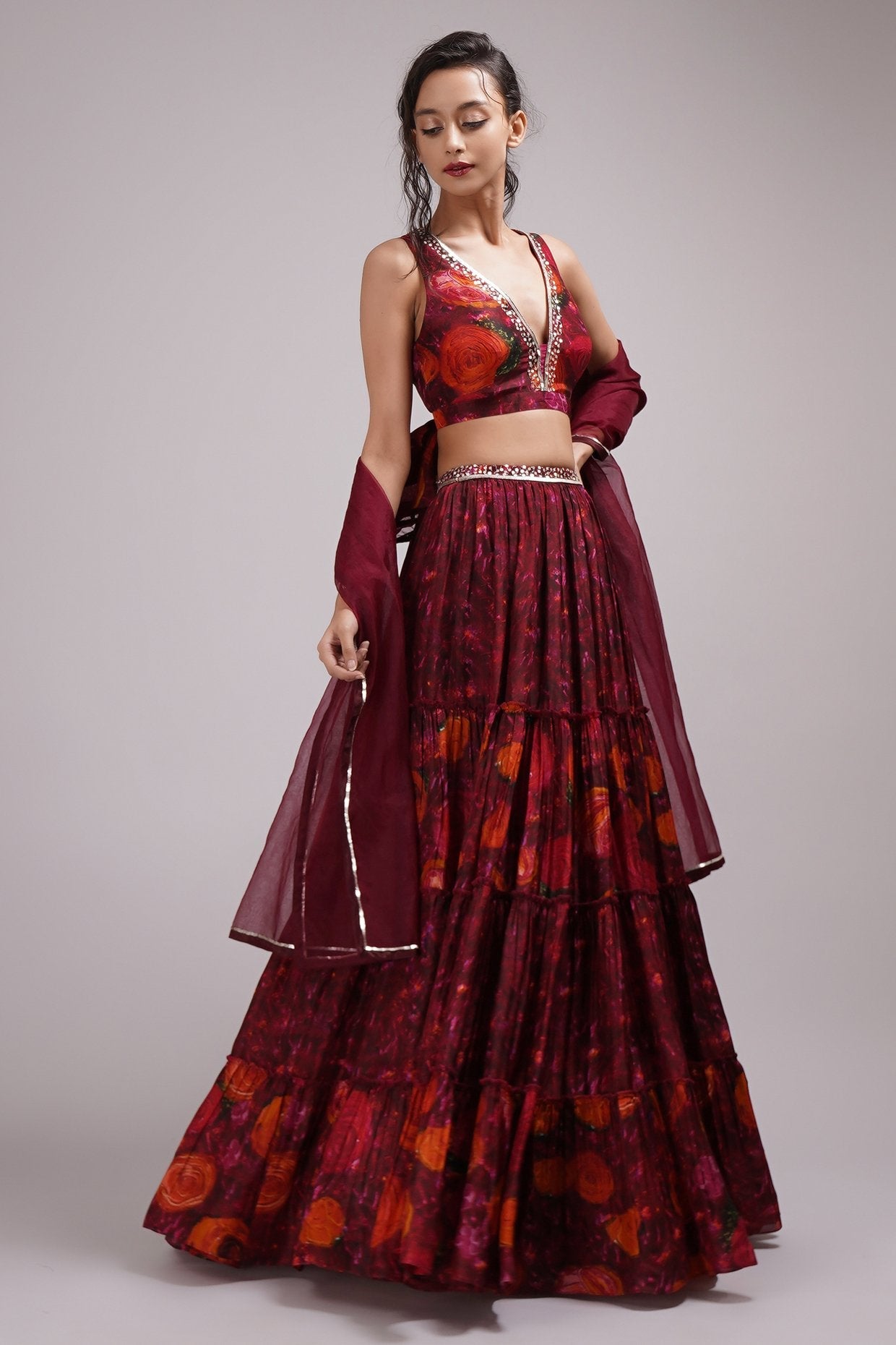 Deep V Neck Blouse Lehenga Set