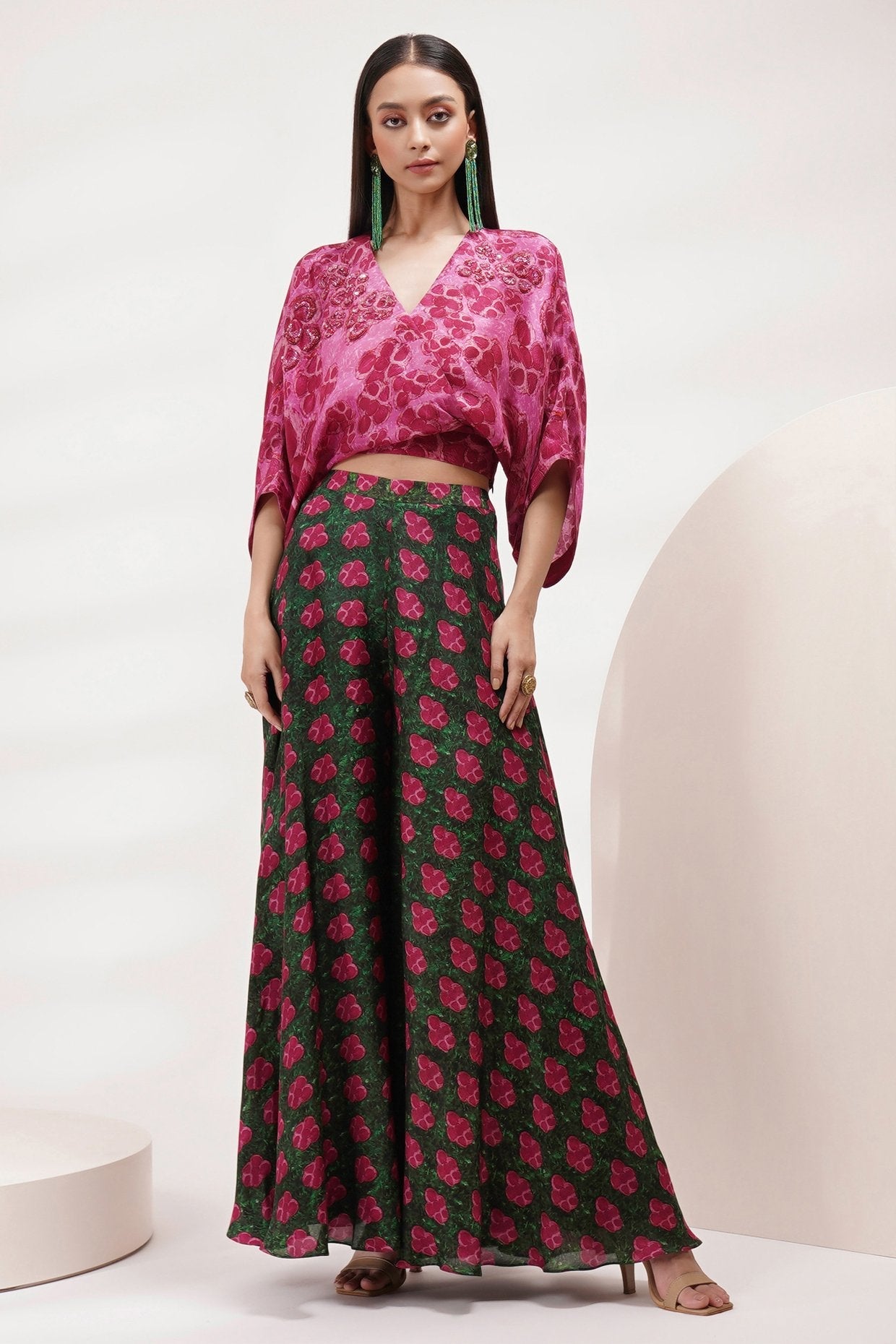 V Cross Neck Top With Sharara Pant Coord Set