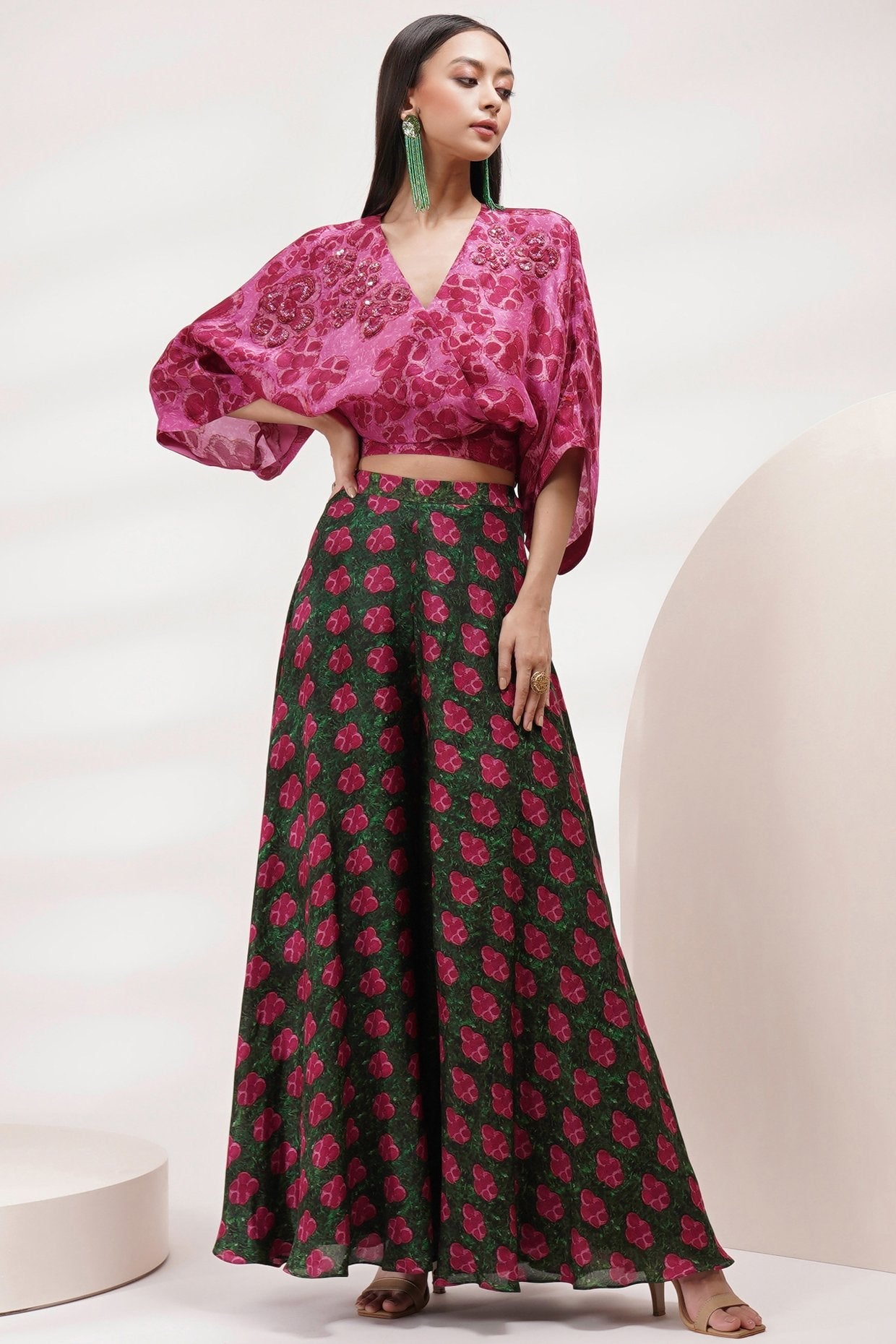 V Cross Neck Top With Sharara Pant Coord Set