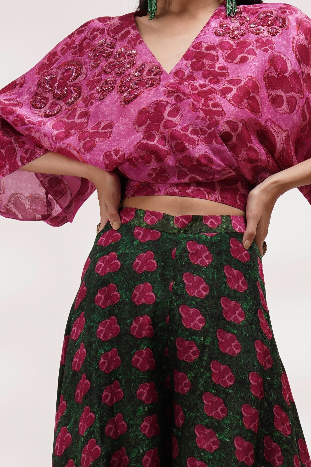 V Cross Neck Top With Sharara Pant Coord Set
